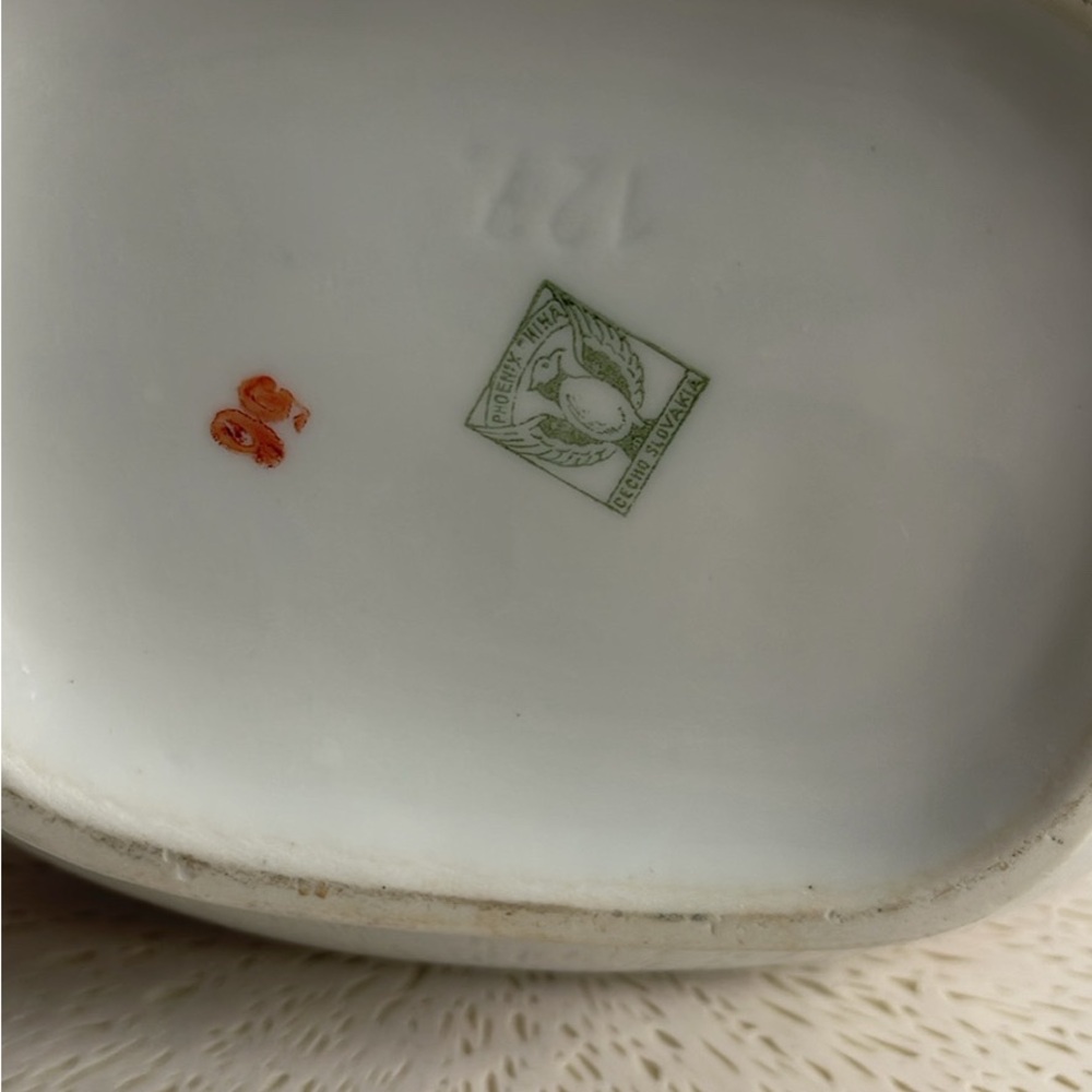 Porcelain Decorative Item with Green Bird Maker’s Mark - Unbranded
